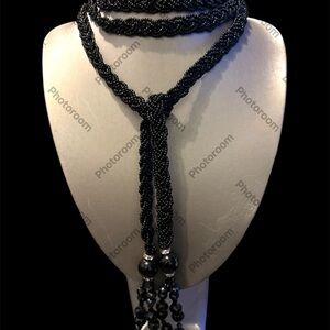 Vintage Lariat Style Braided Black Beaded Necklace